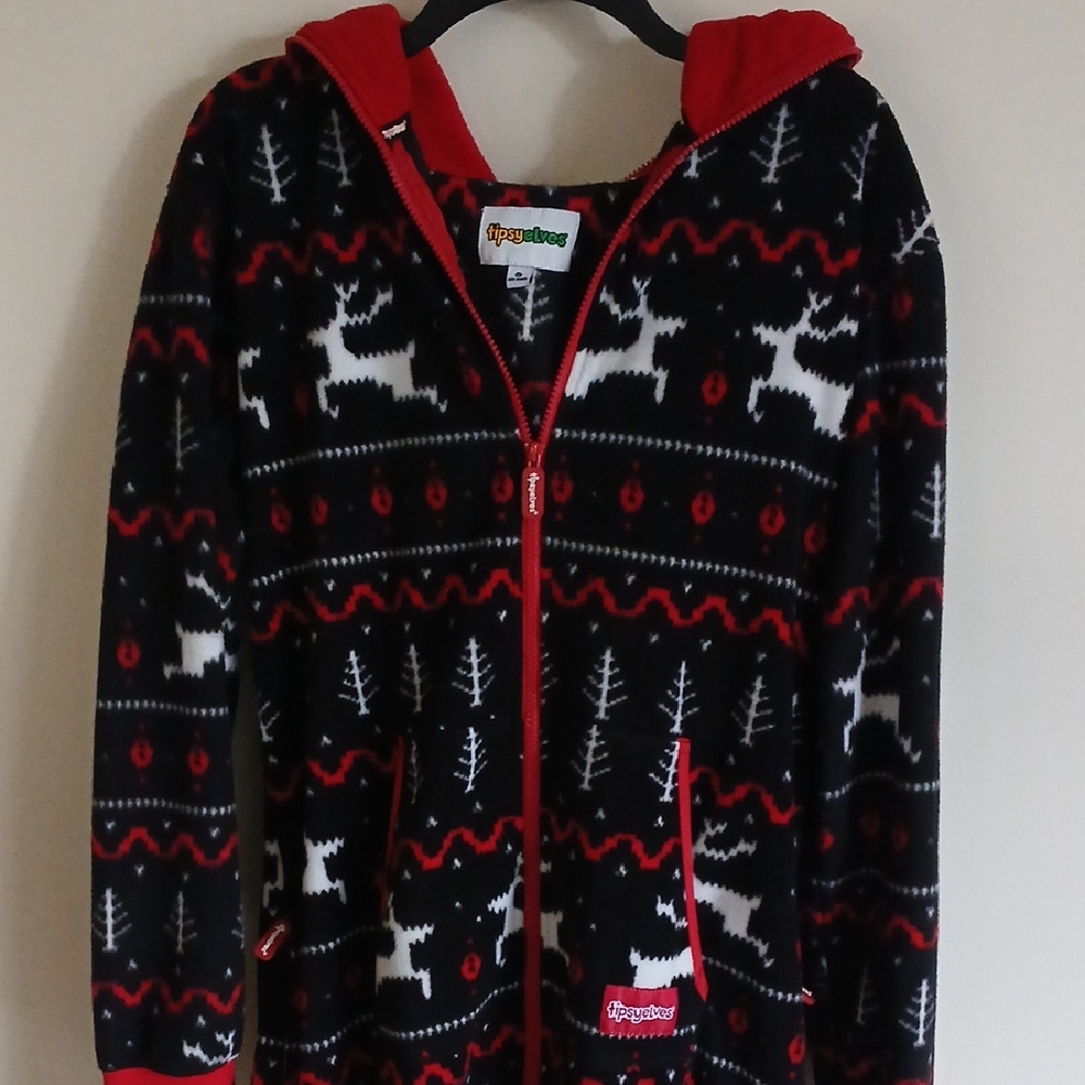 Tipsy Elves Fair Isle Jumpsuit Onesie Pajamas Black & Red Reindeer Large